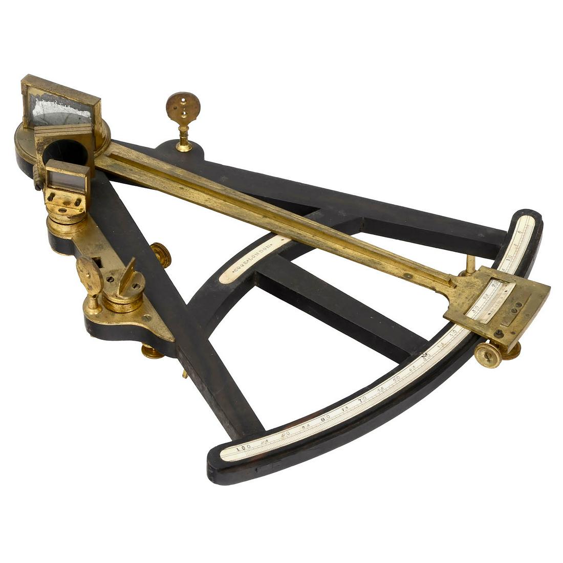 English Octant by Cook, London, c. 1810: English Octant by Cook, London, c. 1810 Ebony frame and brass fittings, inset bone scale divided 5-100°, bone vernier scale divided 0-20° from right to left, inset plaque marked "Cook * Lond