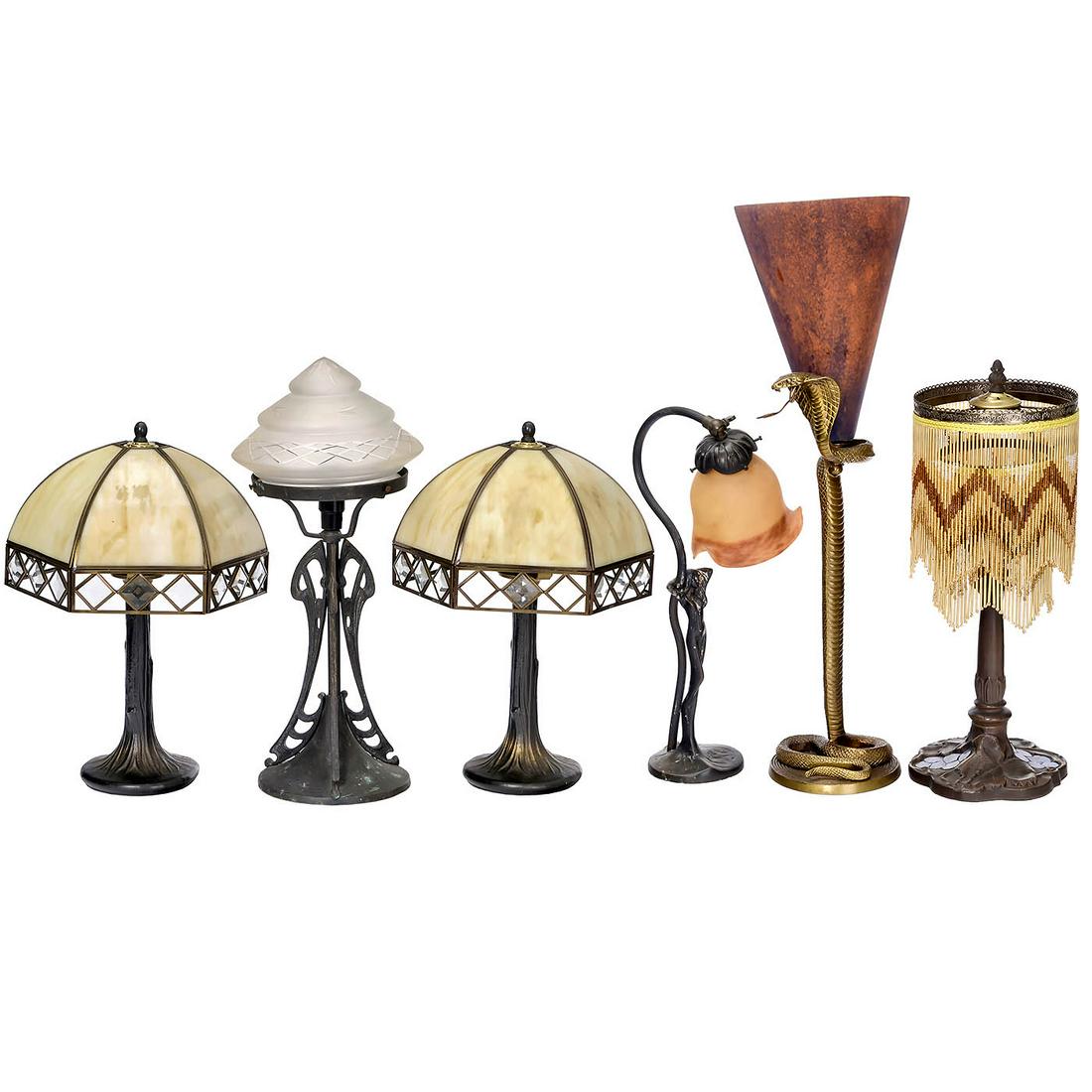6 Art-Nouveau and Art-Deco-Style Table Lamps, c. 1980: 6 Art-Nouveau and Art-Deco-Style Table Lamps, c. 1980 1) Cobra table lamp, patinated bronze, snake with finely worked scales ready to bite, conical shaded orange glass lampshade, height 23 3/5 in., af