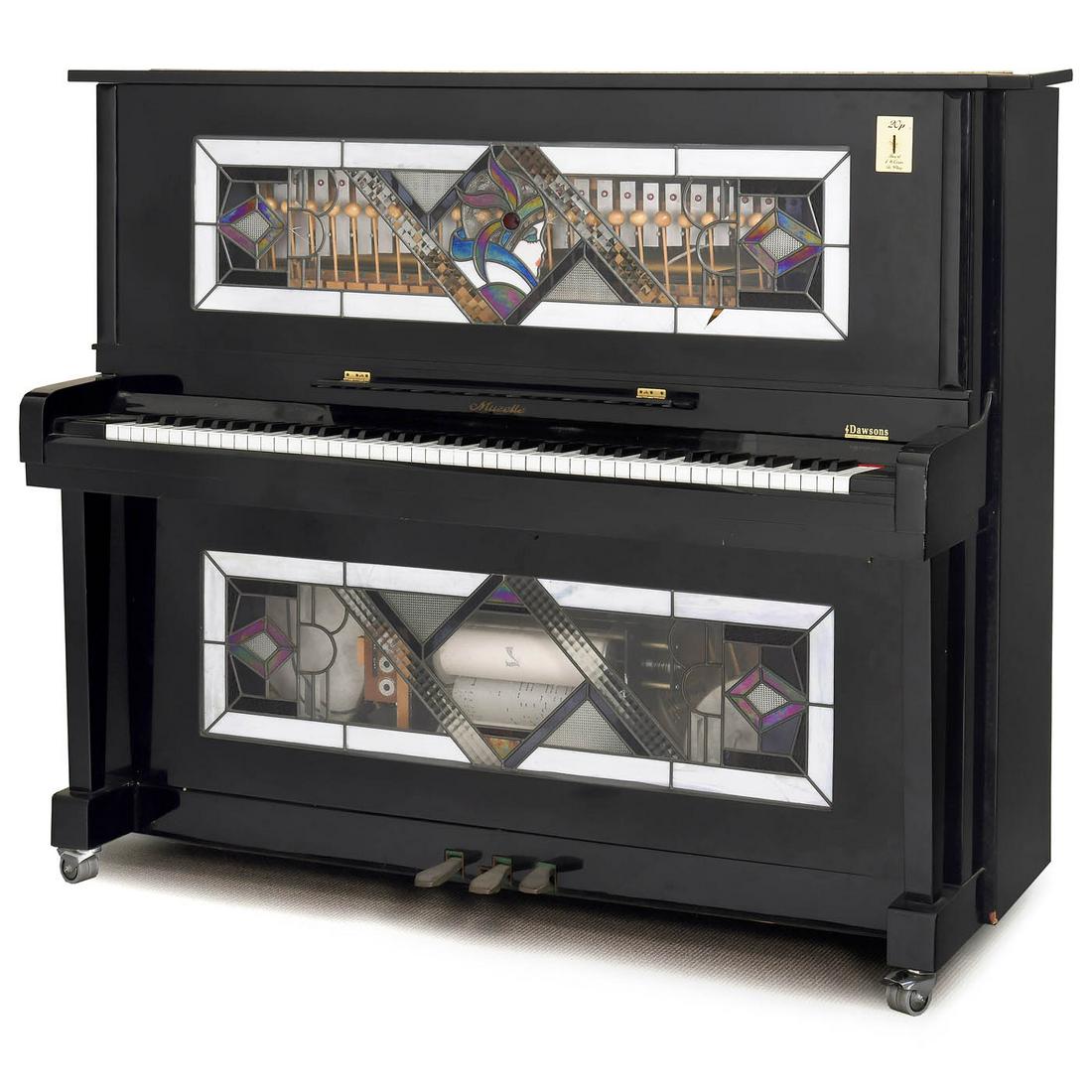 Pianola Orchestrion, c. 1990: Pianola Orchestrion, c. 1990 Muzelle DU-131 Player Piano, Sojin Piano Co., 110 V keyboard orchestrion with full instrumentation: automatic piano, 24-note xylophone, tambourine, wood block, 2 drums and