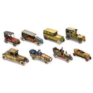 8 Penny Toy Cars, c. 1920: 8 Penny Toy Cars, c. 1920 Lithographed tin. 1) CKO, Kellermann, no. 2016/56, open racing car with driver figure, length 3 1/6 in. - 2) Georg Fischer, no. 321, limousine with driver figure, length 4