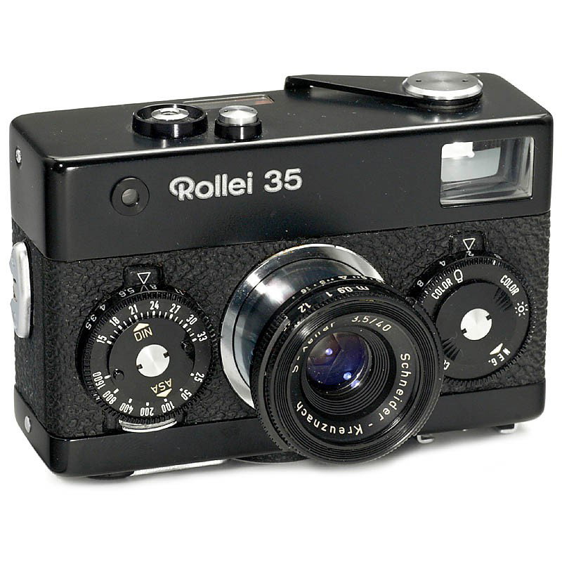Rollei 35 with S-Xenar, 1972: Rollei 35 with S-Xenar, 1972 Franke & Heidecke, Braunschweig. No. 3312008, with Schneider S-Xenar 3,5/40 mm, black, "Made in Singapore", rare maker's case from 1968, lens cap. - Rare camera with S-Xen