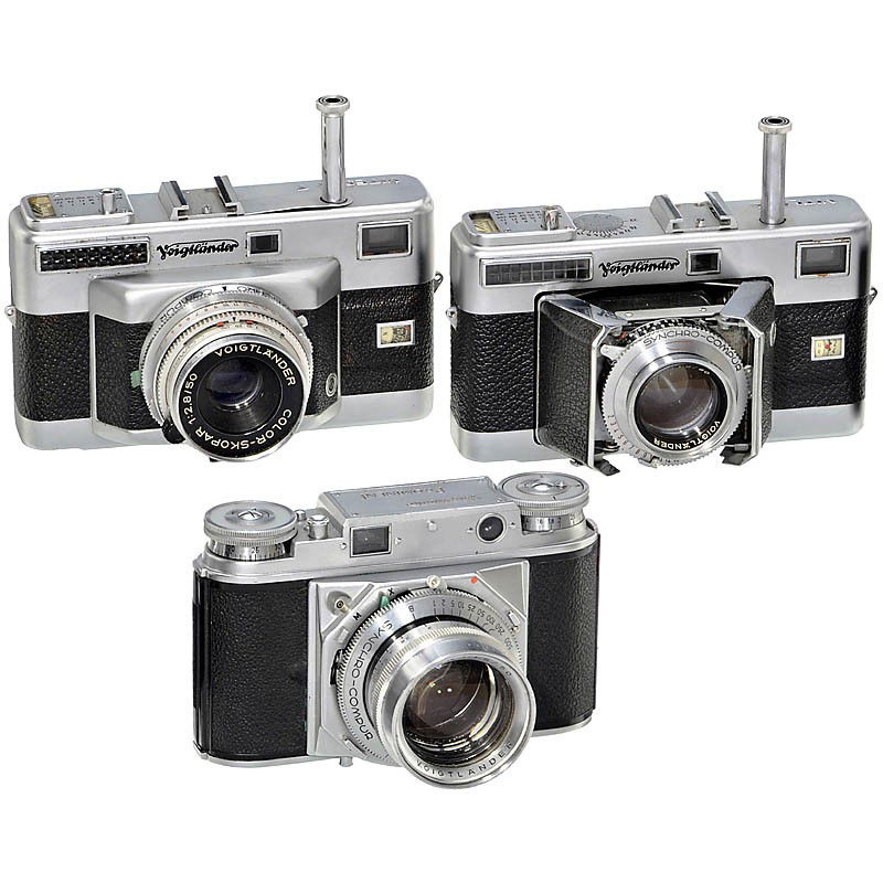 Prominent, Vitessa and Vitessa T: Prominent, Vitessa and Vitessa T Voigtländer, Braunschweig. 1) Prominent, first model, 1950, no. B 3800, with Nokton 1,5/50 mm, no. 3314198. (3/2-) - 2) Vitessa, first model, 1954, no. 3711038, Ultro