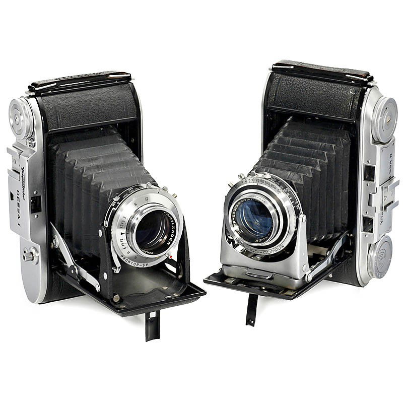 Bessa I and Bessa II, 1950: Bessa I and Bessa II, 1950 Voigtländer, Braunschweig. 1) Bessa I, 1950, size 6 x 9 cm (4,5 x 6 cm), Color-Skopar 3,5/105 mm in Prontor-SV. - And: 2) Bessa II, 1950, size 6 x 9 cm, coupled rangefinder