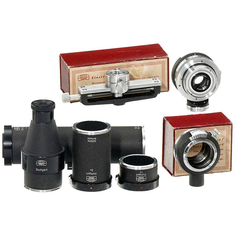 Contaprox II with Accessories: Contaprox II with Accessories Zeiss Ikon, Stuttgart. Contaprox II 563/012 with Zeiss-Opton Tessar 3,5/50 mm T, no. 1002095. With extension tubes 1x, 2x and 4x, vertical magnifier with ground glass ada