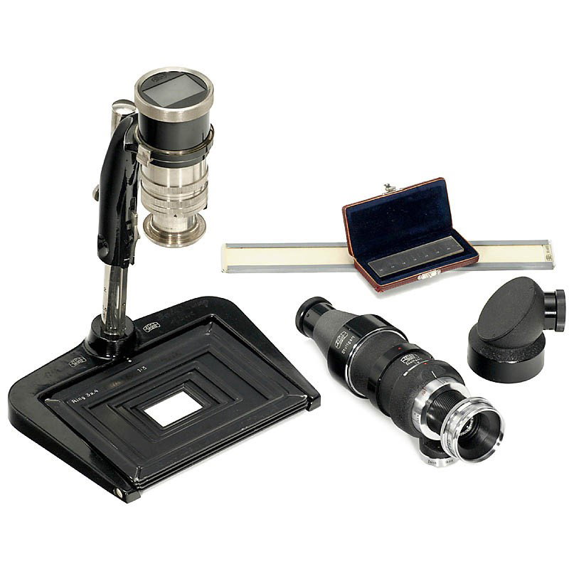 Contaprox II and Special Repro Device for Contax: Contaprox II and Special Repro Device for Contax 1) Zeiss Ikon, Stuttgart. Contaprox II, set: Contaprox II, ring 1x (5522/13), focusing adapter 5520/6, magnifier hood 1251 and 1252, Tessar 3,5/5 cm T.