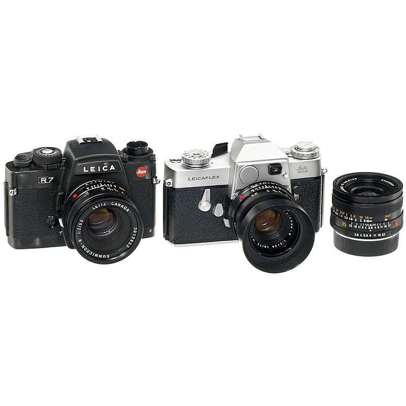 Leicaflex, Leica R7 and Lenses: Leicaflex, Leica R7 and Lenses Leitz, Wetzlar and Leica, Solms. 1) Leicaflex, 1964, chrome, no. 1126801, with Summicron-R 2/50 mm, no. 2174153. Mint condition. With lens hood. (2/-) - 2) Leica R7, 199