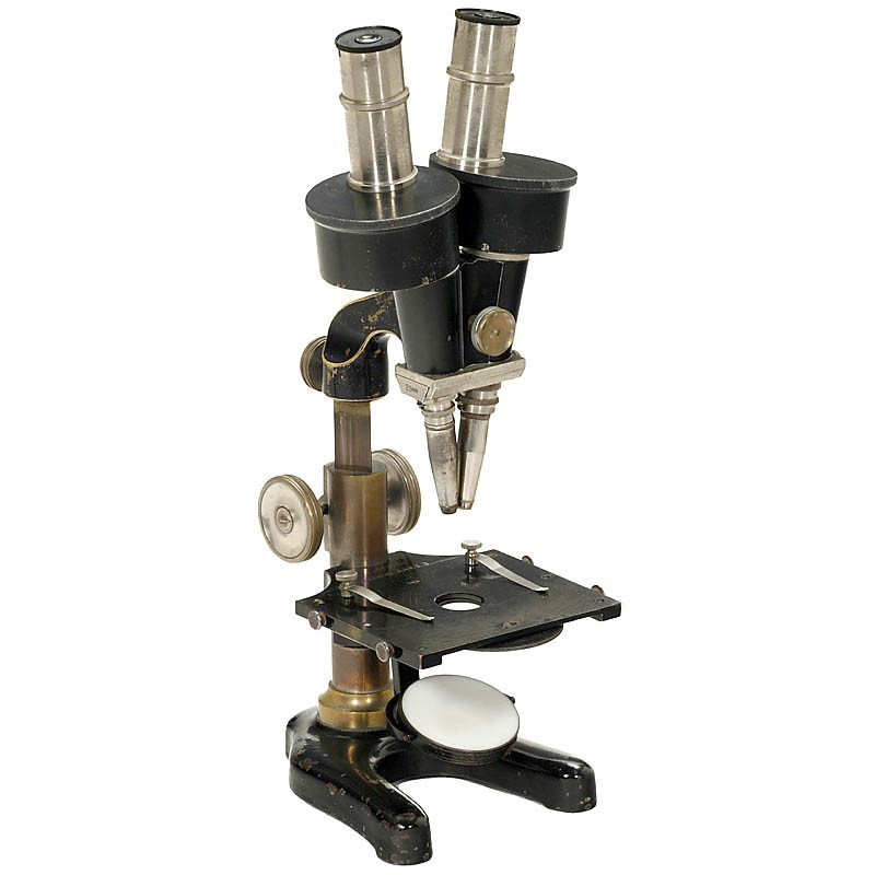 Stereo Microscope "Leitz", c. 1920: Stereo Microscope "Leitz", c. 1920 "E. Leitz, Wetzlar", serial no. 181177. Prism model, with 2 pairs of objectives, height 12 1/4 in., with wooden case. Stereomikroskop "Leitz", um 1920 "E. Leitz, Wet