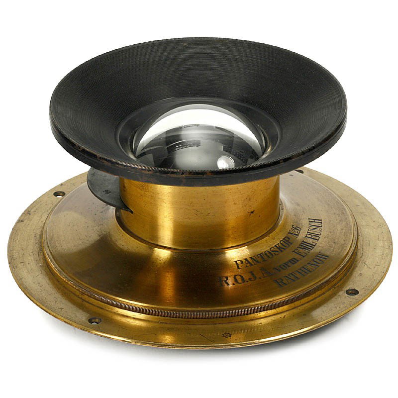 Early Wide-Angle Lens "Pantoskop No. 6", c. 1870: Early Wide-Angle Lens "Pantoskop No. 6", c. 1870 R.O.J.A., vorm. Emil Busch, Rathenow. Imposing brass lens, rotating stop, with original screw-in ring, diameter of the ring: 6 1/4 in., height of the l