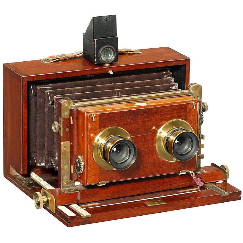 Attractive Stereo Camera by "Demaria Frères", c. 1: Attractive Stereo Camera by "Demaria Frères", c. 1903 Demaria Frères, Paris. Cherry wood with brass fittings, size (2 x) 3 1/2 x 3 1/2 in., panoramic application, brown leather bellows, 2 x Symmetri