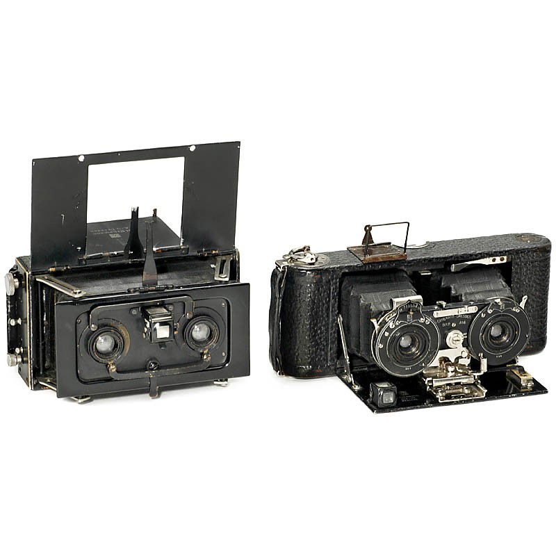 Ernemann Stereo-Klapp-Kamera, 1913: Ernemann Stereo-Klapp-Kamera, 1913 Ernemann, Dresden. Strut camera for plates with size 45 x 107 mm, large frame finder, 2 x Ernemann Doppel-Anastigmat 1:6 No. 08 F=65 mm, focal plane shutter (working