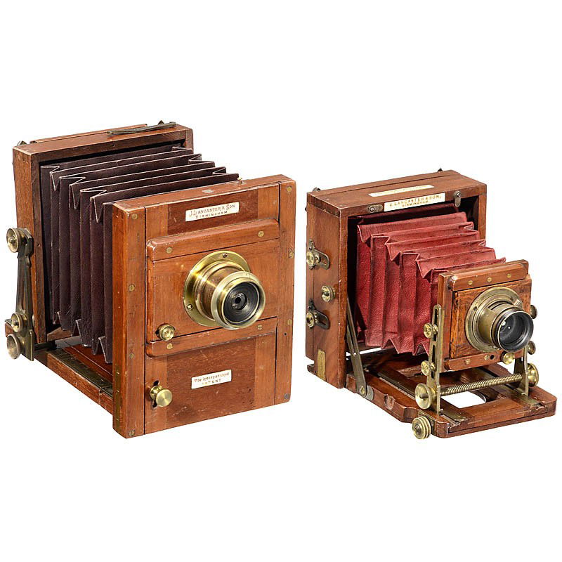 Lancaster "The International" and "The 1889 Instan: Lancaster "The International" and "The 1889 Instantograph" Lancaster, Birmingham. 1) The International, c. 1885, 3 1/6 x 4 in., tropical wood, dark red bellows, with original brass lens, iris stop, fo