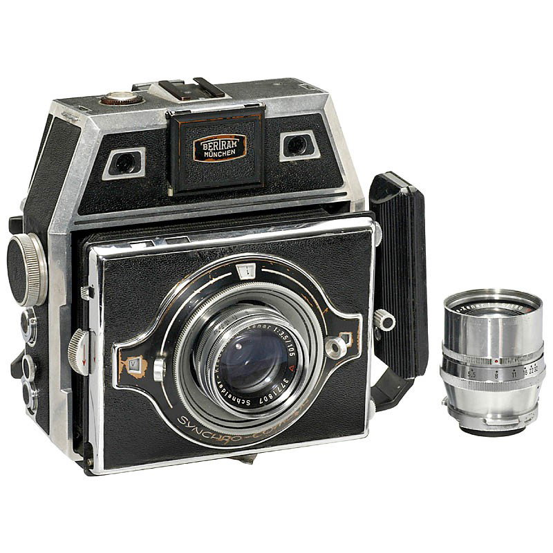 Bertram BCI with 2 Lenses, 1954: Bertram BCI with 2 Lenses, 1954 Bertram, Munich. Body no. 1469, precision press-type camera, for 6 x 6 and 6 x 9 cm and 35mm film, with Schneider Xenar 3,5/105 mm (stuck in the camera body) and Tele X