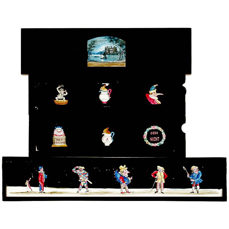 4 English Panorama Slides: 4 English Panorama Slides 3 slides approx. 3,8 x 13 in., single-panorama slides. One is broken. 1 panorama slide, 3,5 x 18 2/3 in. With fine painted motifs, in great condition. 4 große, handgemalte P