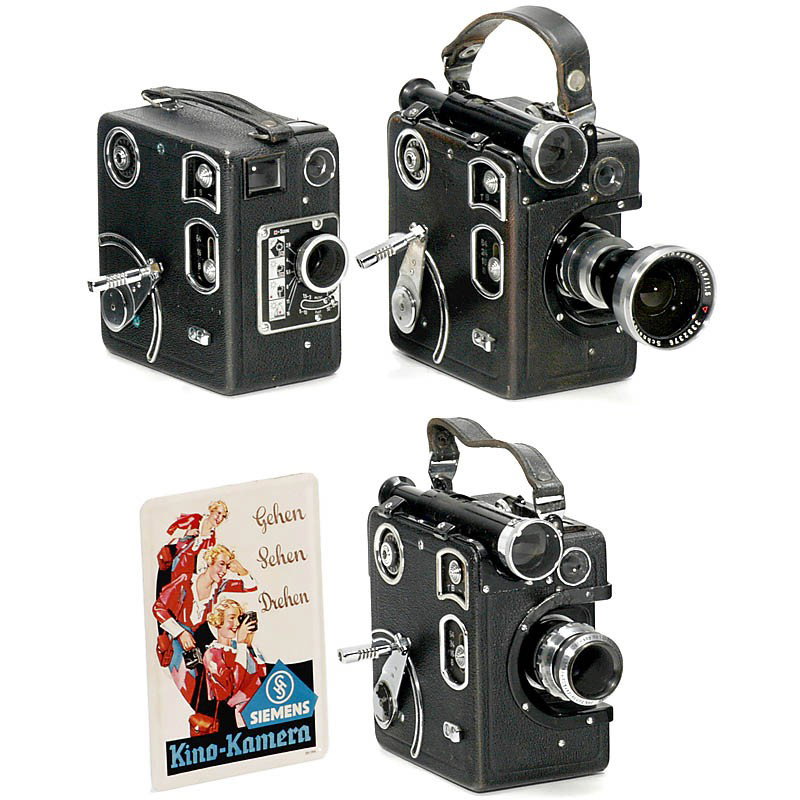 3 Siemens Movie Cameras, c. 1935: 3 Siemens Movie Cameras, c. 1935 Siemens & Halske, Berlin. 16mm movie cameras for 15 m film in Siemens cassette, clockwork drive. 1) Type B: lens Glaukar 2,8/20 mm, Newton finder. - 2) Type F II: lens