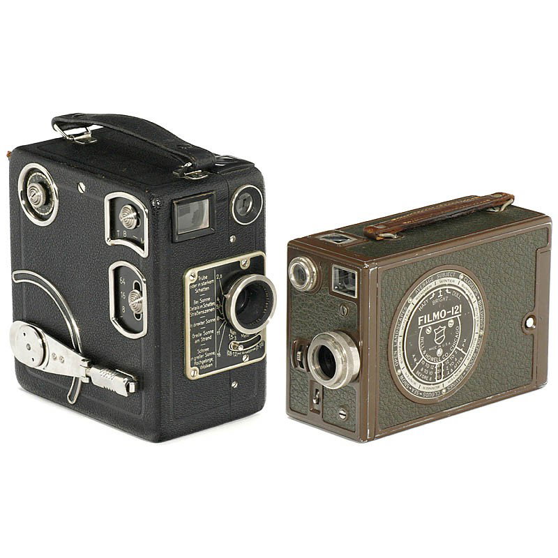 2 Movie Cameras 16 mm, c. 1935: 2 Movie Cameras 16 mm, c. 1935 1) Siemens AG, Berlin. Siemens B, 16mm movie camera for 15 m film in Siemens cassette (not included), lens: Busch-Glaukar 2/20 mm, clockwork drive 8/16/64 p/s. - And: 2)