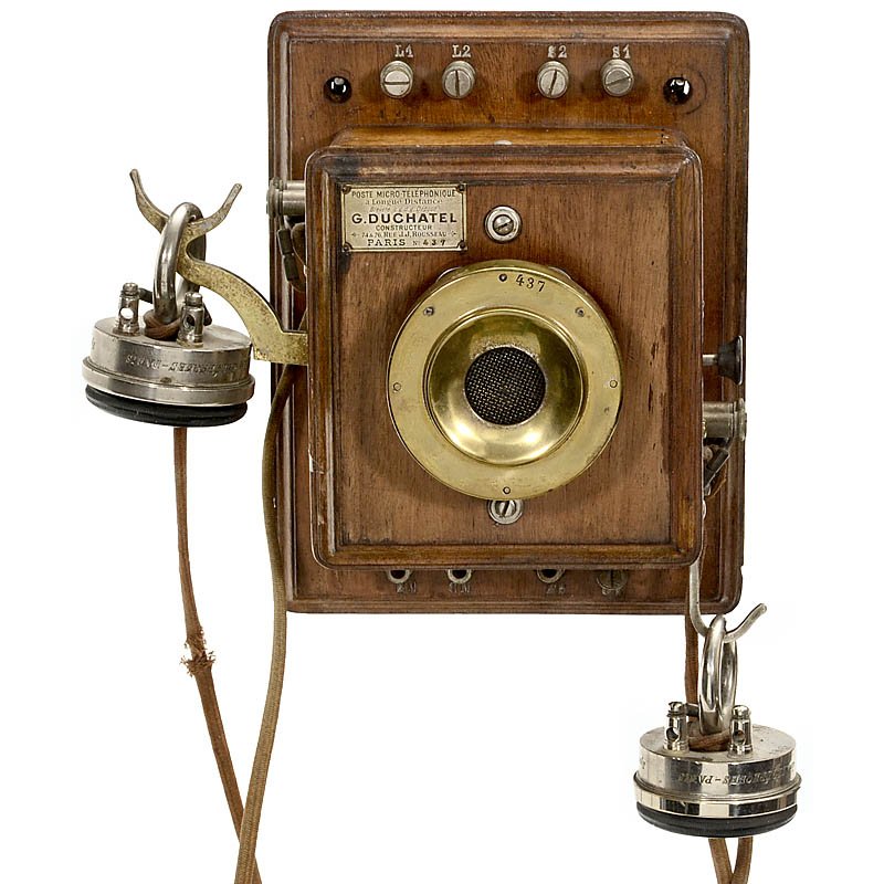 French Wall Telephone "Duchatel", c. 1910: French Wall Telephone "Duchatel", c. 1910 "G. Duchatel, Paris", no. 437, wooden case, carbon barrel microphone, 2 earphones "System Ader", complete. Französisches Wandtelephon "Duchatel", um 1910 "G.