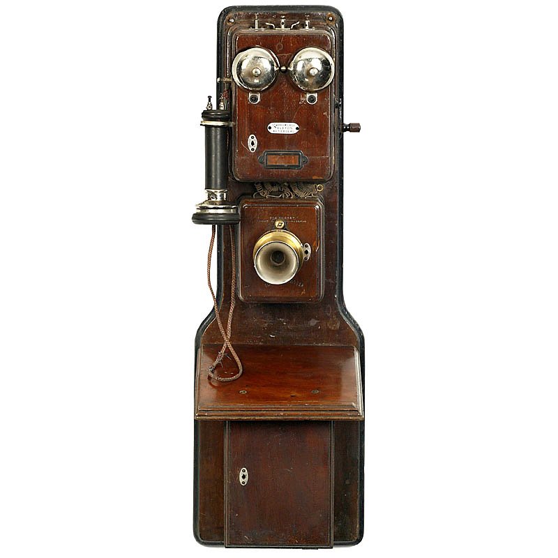 Large Wall Telephone "Alexander Graham Bell, 1880: Large Wall Telephone "Alexander Graham Bell, 1880 American three-box export model for the Swedish market, with enamel sign "Stockholm Bell Telefon Aktiebolag", with "Blake" microphone, "Bell" receiver