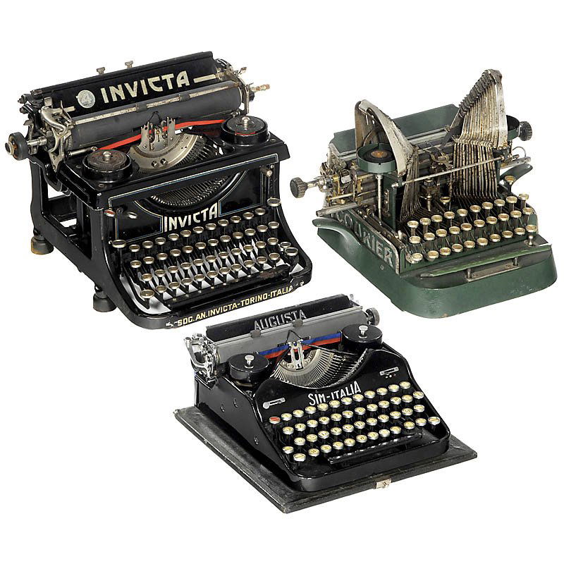 3 Typewriters: 3 Typewriters 1) "The Courier Typewriter", 1903. Austrian version of the "Oliver No. 3". - Literature: Martin, 1949, p. 193. - Painted green. (3/2) - 2) "Invicta Mod. 4", no carriage pull. (3/4) - And
