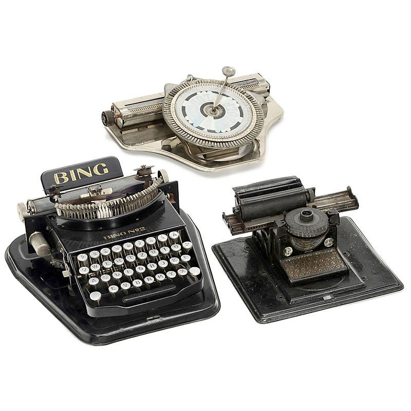3 German Toy Typewriters: 3 German Toy Typewriters 1) "Ludolf (Cleeriter)", c. 1930. Rare German tin toy machine. Good condition. (2/2) - 2) "Bing No. 2", 1927. (2/3) - And: 3) "Gescha (Junior)", c. 1920. German typewheel mach