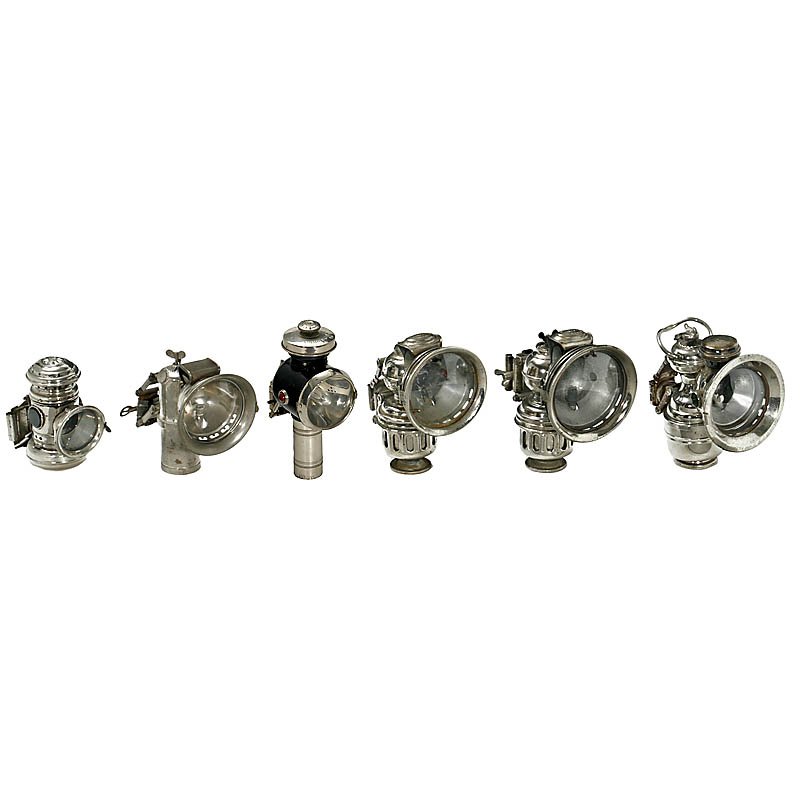 6 Bicycle Lamps, c. 1920: 6 Bicycle Lamps, c. 1920 Models: "Phänomen" by Hermann Riemann, "Radsonne" and others. For carbide, petrol or electrical operation. 6 Fahrradlampen, um 1920 Modelle: "Phänomen" von Hermann Riemann, 