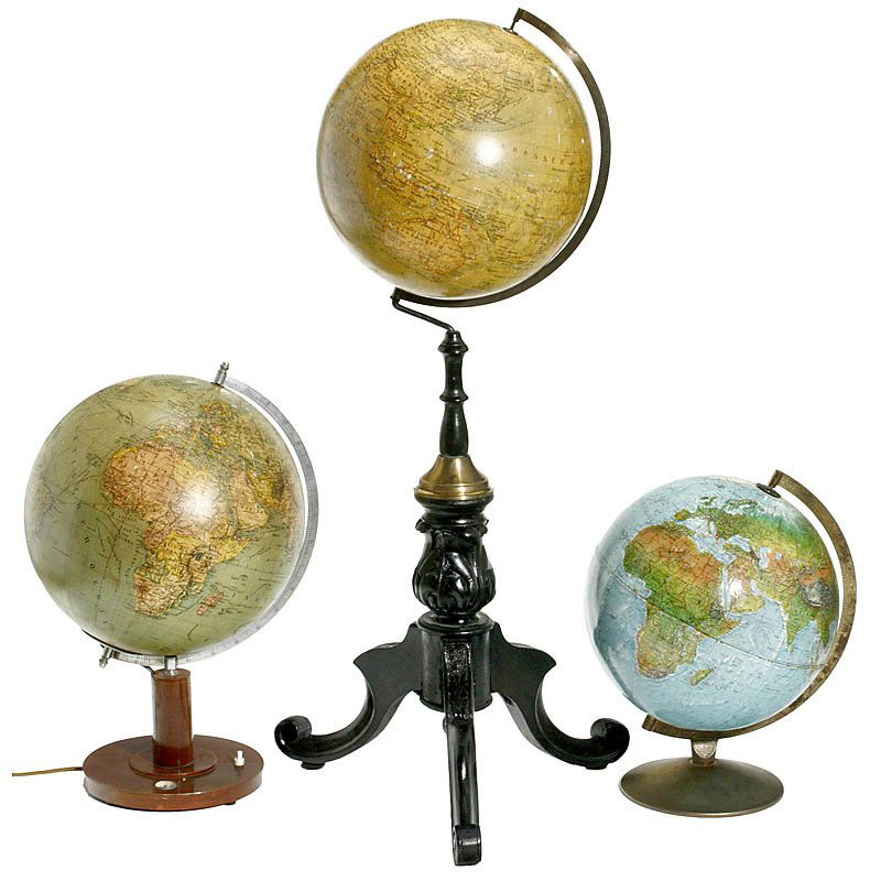3 Terrestrial Globes: 3 Terrestrial Globes 1) "J. Felkl & Sohn", Rostok at Prague, c. 1890, plaster with 12 lithographed segments, on large stand (added), overall height 38 in. - 2) "Scan-Globe A/S", Danmark, relief globe,