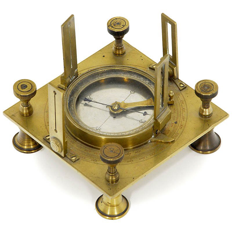Artillery Compass, End of the 19th Century: Artillery Compass, End of the 19th Century Germany or Austria, possibly by Voigtländer, lacquered brass, silvered compass scales, size 4 3/4 x 4 3/4 x 4 in. Artillerie-Kompaß, Ende 19. Jh.Deutschlan