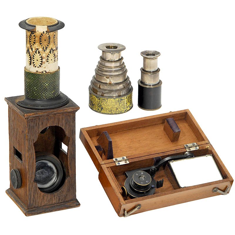 Small Collection of Optical Instruments: Small Collection of Optical Instruments 1) Nuremberg pharmacy microscope, without ocular tube, wood and cardboard, hand-made, c. 1780. - 2) 2 pocket spotting scopes, multiple extensions, silvered bras