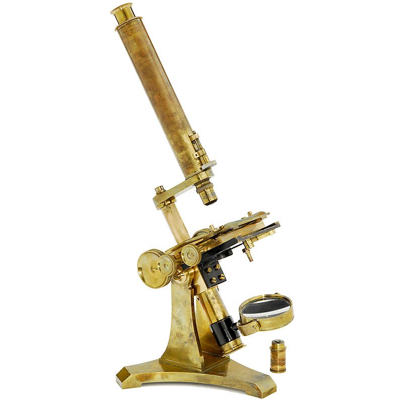 English Compound Monocular Microscope, 1853: English Compound Monocular Microscope, 1853 Unmarked, with dedication on the base (dated 1853), originally lacquered brass, large cross table, double mirror, height 15 3/4 in., with accessories in mah