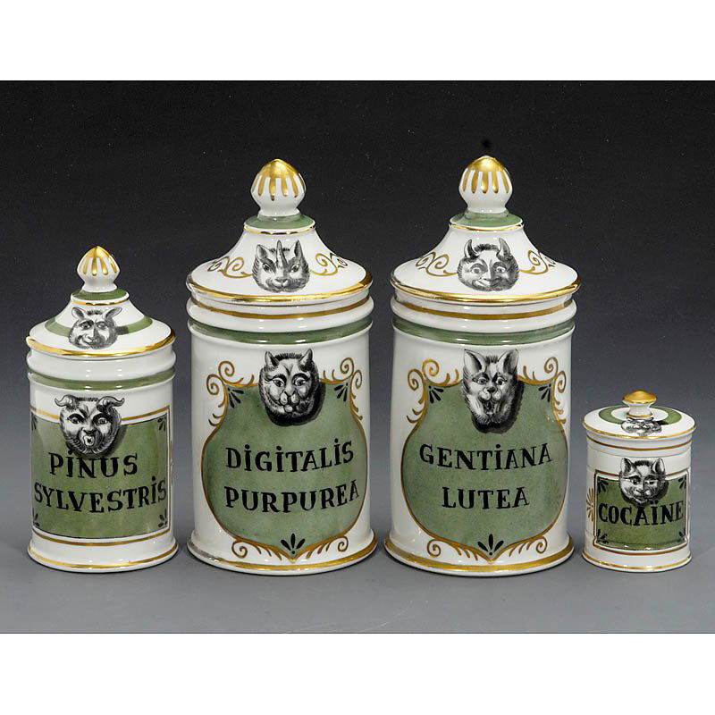 4 French Pharmacy Jars: 4 French Pharmacy Jars Probably 19th century, porcelain, hand-painted labels, undersides with inscriptions: "P. Bousquet Apothicaire à Toulouse", height up to 10 5/8 in. 4 französische Apotheken-Gef