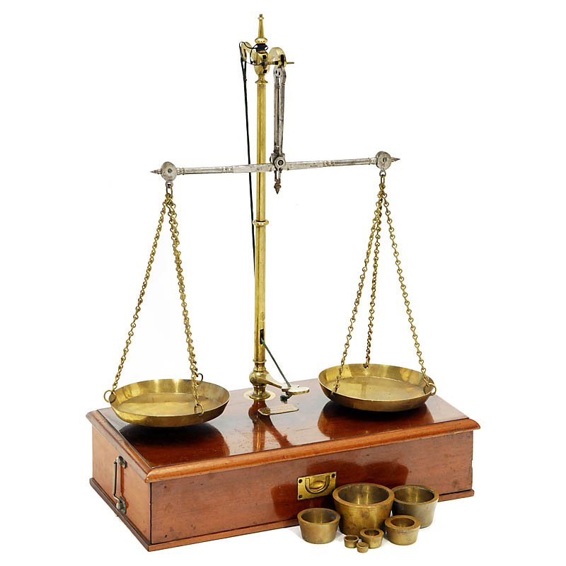 English Pharmacy Scale, Late 19th Century: English Pharmacy Scale, Late 19th Century Signed: "C. Stevens & Son, London", brass and steel, length of the beam 13 in., in mahogany case with drawer, with nesting 20 oz weight set (complete). Englis