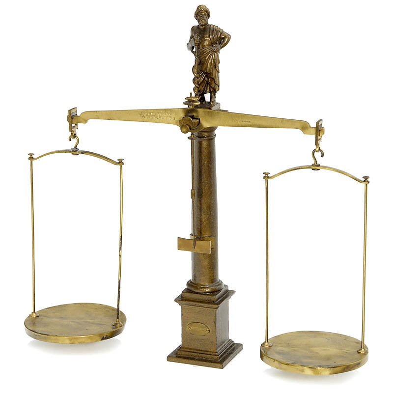German Pharmacy Scale, 1910: German Pharmacy Scale, 1910 Marked: "G. Westphal, Celle", cast-iron column with Aesculapius figure, brass beam and pans, with multiple calibration stamps, length of the beam 14 1/5 in. Deutsche Apothe