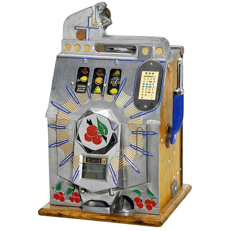 Slot Machine "Mills Cherry Bell", 1937: Slot Machine "Mills Cherry Bell", 1937 Manufactured by: "Mills, Chicago", mechanically operated 3-reel machine with jackpot, 5 pence slot, wooden case with metal front, defective. Einarmiger Bandit "M