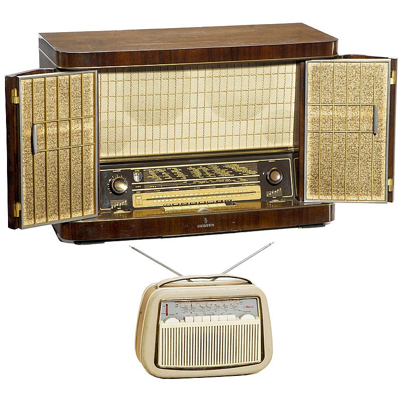 2 Radio Receivers, c. 1955: 2 Radio Receivers, c. 1955 1) "Siemens Schatulle M57", table radio, wooden case, 11 valves, 4 wave ranges, working. - And: 2) "Akkord Pinguin U59", portable radio, 7 valves, 4 wave ranges, untested. 2