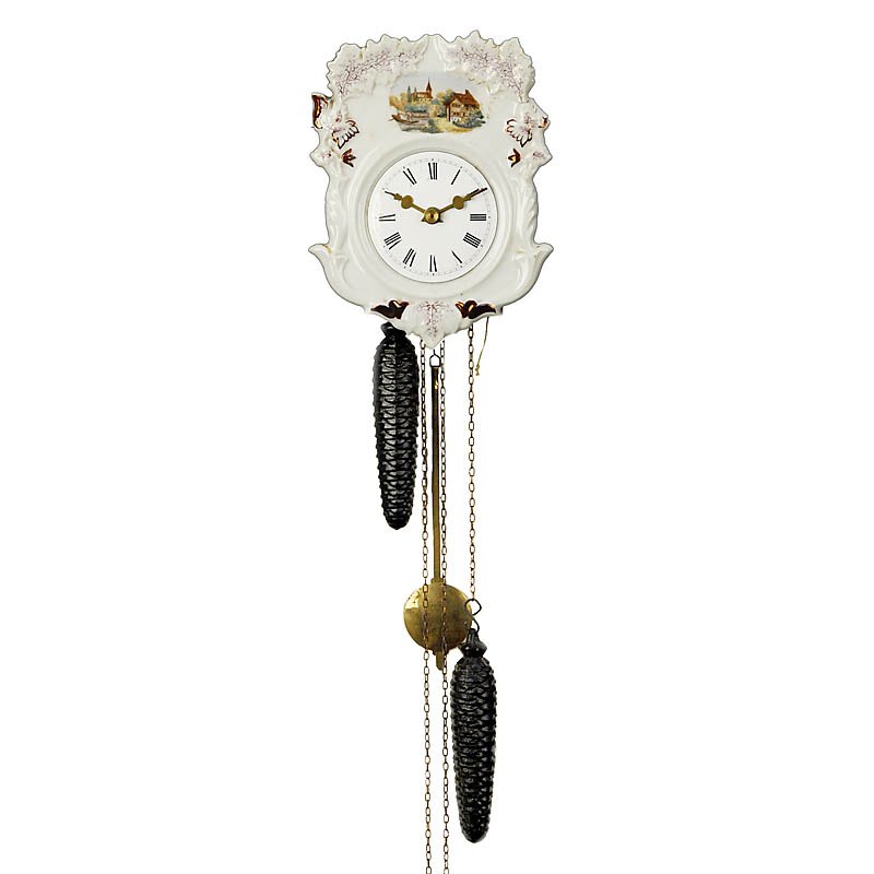 Black Forest Porcelain Shield Clock, c. 1880: Black Forest Porcelain Shield Clock, c. 1880 Unmarked, wooden plate movement, strike on bell, rear pendulum, porcelain shield (with damage), enamel dial, complete with pendulum and weights, movement n