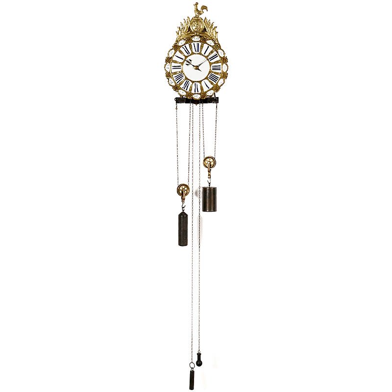 French Lantern Clock, 1788: French Lantern Clock, 1788 25-piece enamel dial, cast-brass crest with rooster, brass pillars, single-dial movement with verge escapement, half-hour strike on bell, with pendulum and weights. Französ