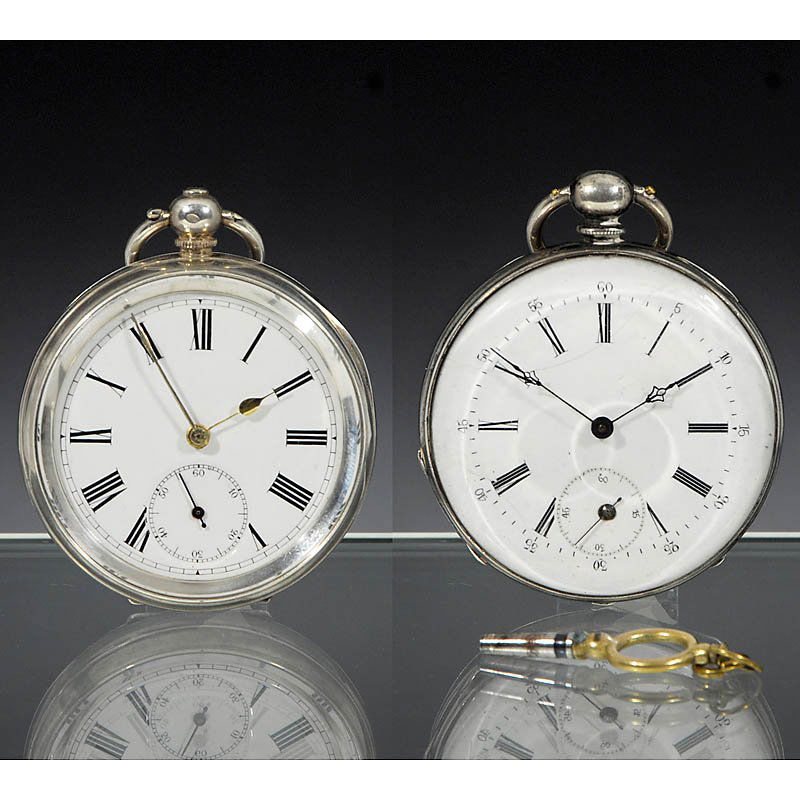 2 Gentleman's Pocket Watches, c. 1900: 2 Gentleman's Pocket Watches, c. 1900 1) Probably Swiss, 925 silver. - And: 2) Signed: "M. J. Tobias, Liverpool", silvered case. - Both watches are key-wound and have anchor escapements, working, with
