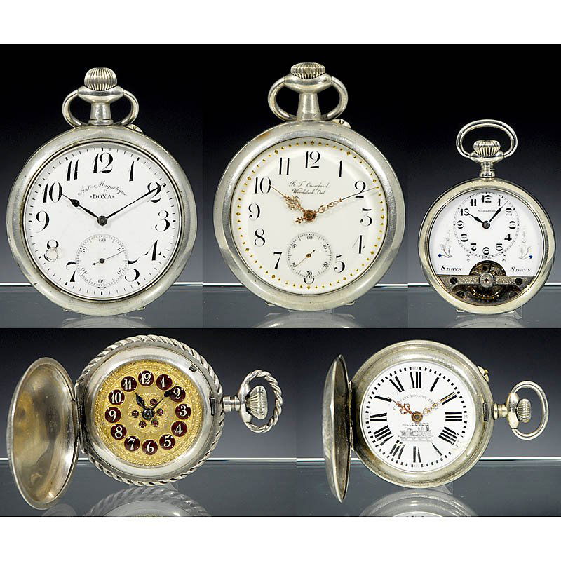 5 Pocket Watches: 5 Pocket Watches 1) "Doxa", lever escapement, c. 1920. - 2) "La Protexion", Roskopf patent, lever escapement. - 3) "Crawford", lever escapement, c. 1910. - 4) "Marboro", 8-day movement, Switzerland, c