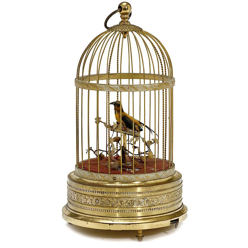 Singing-Bird Cage Automaton, c. 1950: Singing-Bird Cage Automaton, c. 1950 Brass case, mechanism with small bellows which operate a slide whistle giving a warbling sound, working, but plays a little softly. Complete! Singvogelautomat, um