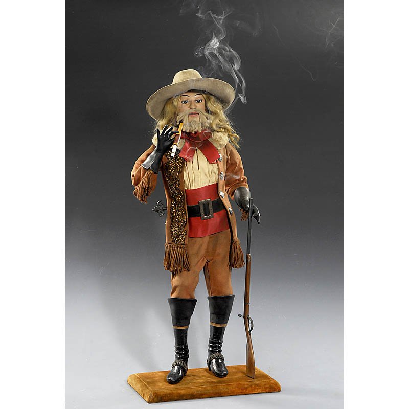 Rare "Buffalo Bill" Smoking Automaton by Vichy, c.: Rare "Buffalo Bill" Smoking Automaton by Vichy, c. 1890 Modelled as the Western hero William F. Cody, with cigarette-holder in one hand, the other resting nonchalantly on the muzzle of his gun, with a