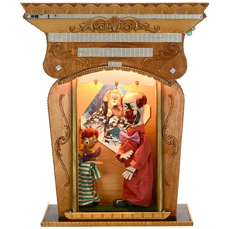Doll Automaton with 2 Clowns: Doll Automaton with 2 Clowns Mechanical amusement machine, with 2 puppets on strings, electric light and motor, size: 25 x 11 1/2 x 30 1/3 in. - Impressive automaton!