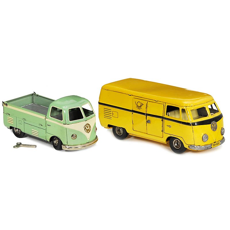 2 VW Toy Transporters: 2 VW Toy Transporters 1) "Góso", VW pick-up truck, lithographed tin, clockwork (working), length 6 3/4 in. - And: 2) "TippCo", VW post van, lithographed tin, friction, length 9 in. 2 VW-Spielzeug-Tra