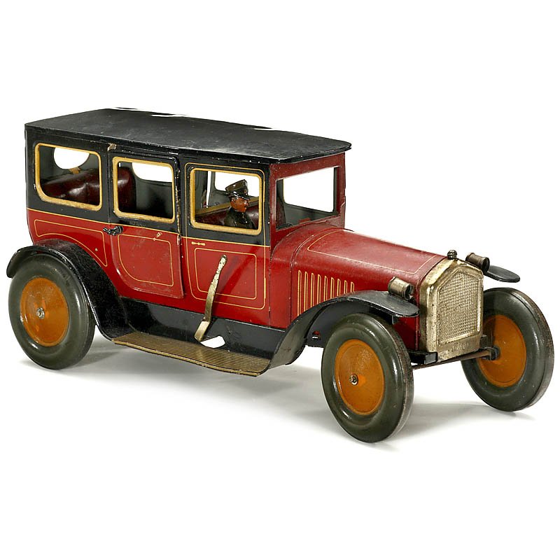 Saloon Car "Bing" No. 4139, c. 1925: Saloon Car "Bing" No. 4139, c. 1925 Lithographed tin, clockwork drive (working), steerable front axle, opening doors, seated driver, electric light (without bulbs), brake, 16 1/6 in. long, good origin