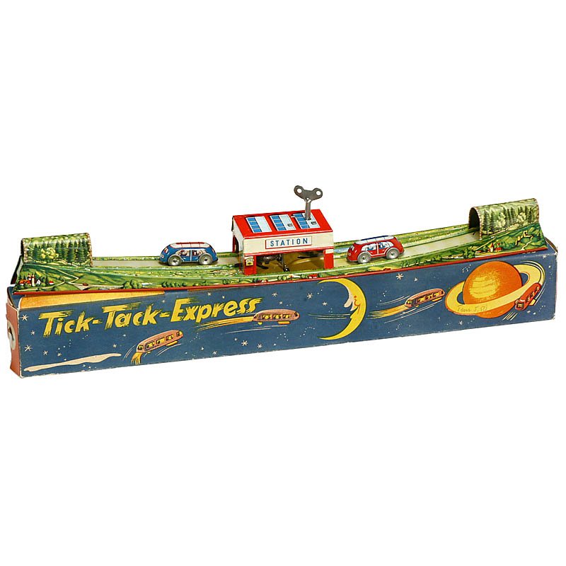 Track Toy "Tick-Tack-Express", c. 1950: Track Toy "Tick-Tack-Express", c. 1950 Manufactured by "Philipp Niedermeyer", lithographed tin, clockwork, original box with space motifs, very good condition, working. Spielzeugbahn "Tick-Tack-Expres