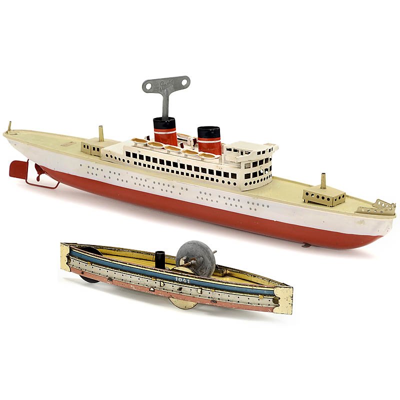 2 Tin Toy Ships: 2 Tin Toy Ships 1) Oceanliner, clockwork (working), manufactured by "Karl Arnold", c. 1950, length 17 3/4 in., without masts. - And: 2) Floor runner, friction powered, lithographed tin, manufactured b