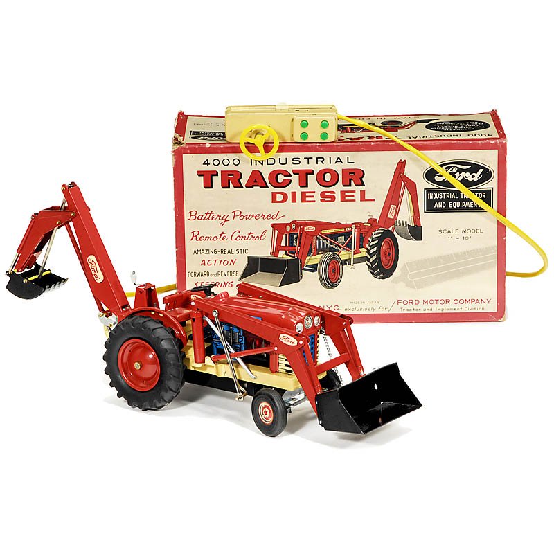 Ford 4000 Tractor by "Cragstan": Ford 4000 Tractor by "Cragstan" Exclusive model for Ford Motor Company, scale 1:10, painted and lithographed tin, battery powered, remote control, motor runs, limited functions, length 13 in., origina
