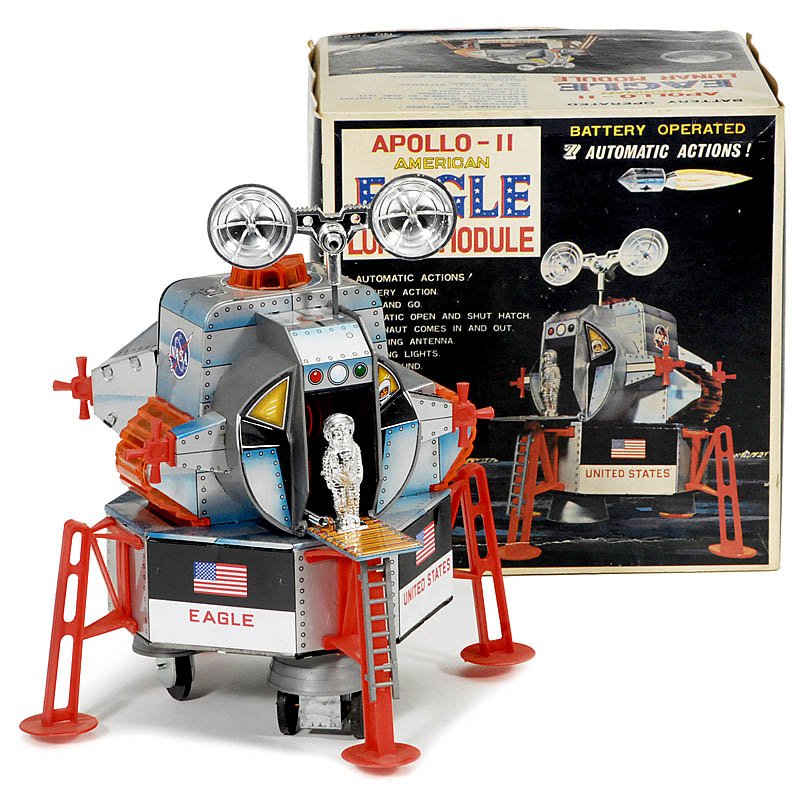 Apollo-11 Eagle Lunar Module by "DSK", c. 1965: Apollo-11 Eagle Lunar Module by "DSK", c. 1965 Japanese space toy, battery-powered, lithographed tin and plastic, original box, working, very good condition! Apollo-11 Eagle Lunar Module von "DSK", um
