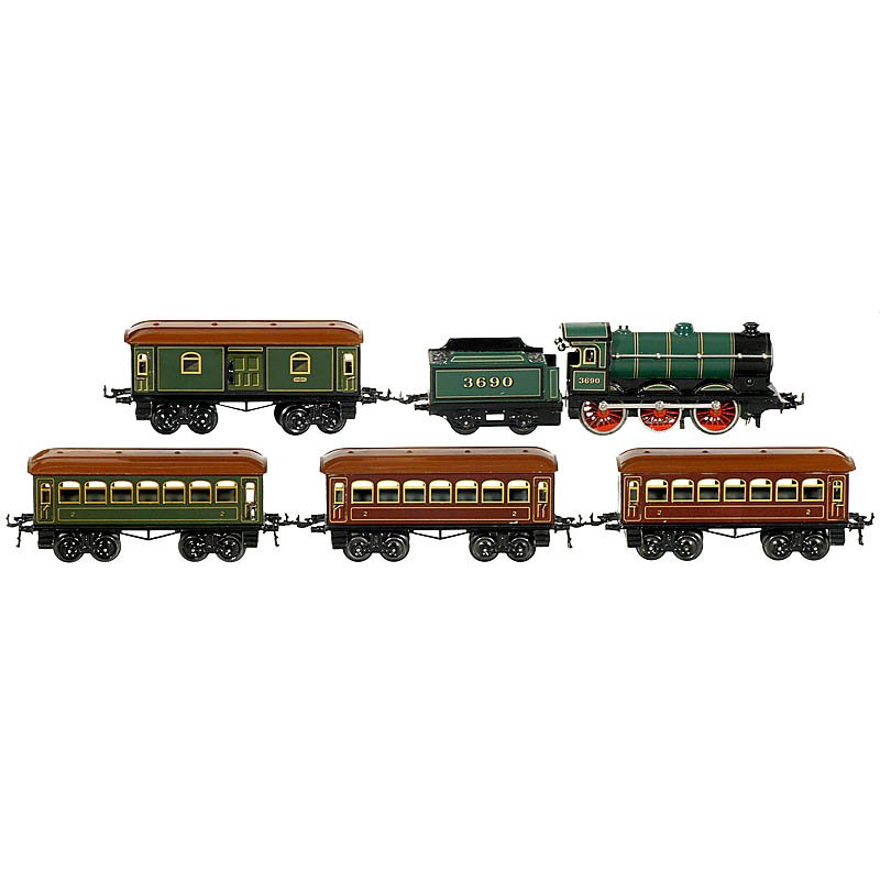 Steam Locomotive with 4 Coaches "Bing" Gauge 0: Steam Locomotive with 4 Coaches "Bing" Gauge 0 Clockwork locomotive (working) with tender, English model, no. 3690; 3 passenger cars and 1 luggage van, each with 4 axles. Dampflokomotive mit 4 Wagen "