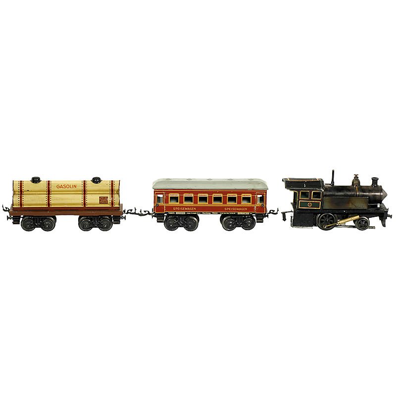 Steam Locomotive with 2 Wagons Gauge 0: Steam Locomotive with 2 Wagons Gauge 0 1) Live steam locomotive "Carette", brass boiler, oscillating cylinder, no tender, length 7 4/5 in. - 2) Gasolin wagon "Karl Bub", 4 axles. - And: 3) Dining coac
