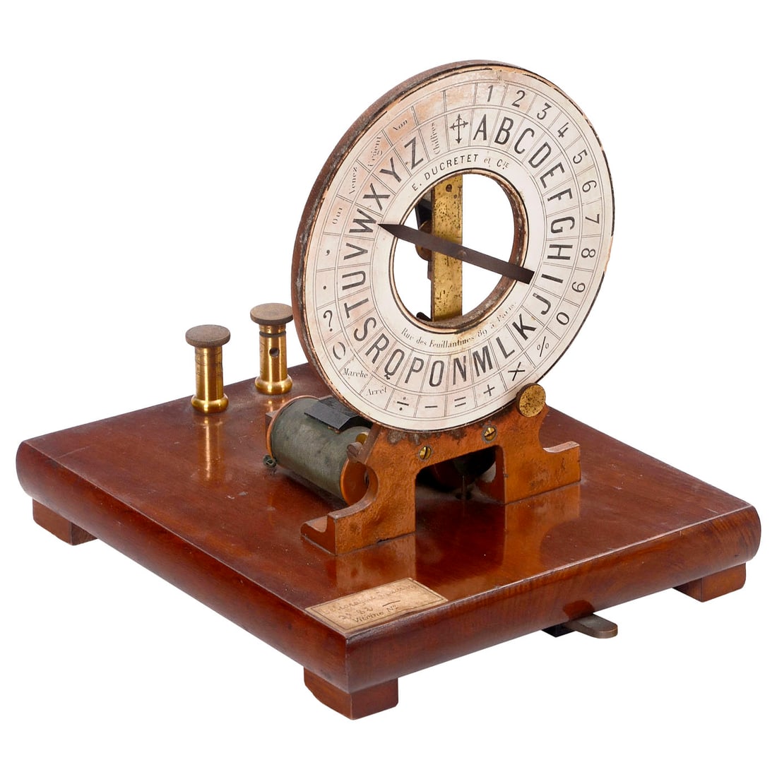 Ducretet Dial Telegraph, c. 1870: Ducretet Dial Telegraph, c. 1870 E. Ducretet & Cie, Paris. Receiver, on polished walnut case, size 7 x 8 ¼ x 7 4/5 in. Zeigertelegraph Ducretet, um 1870 E. Ducretet & Cie, Paris. Empfänger,