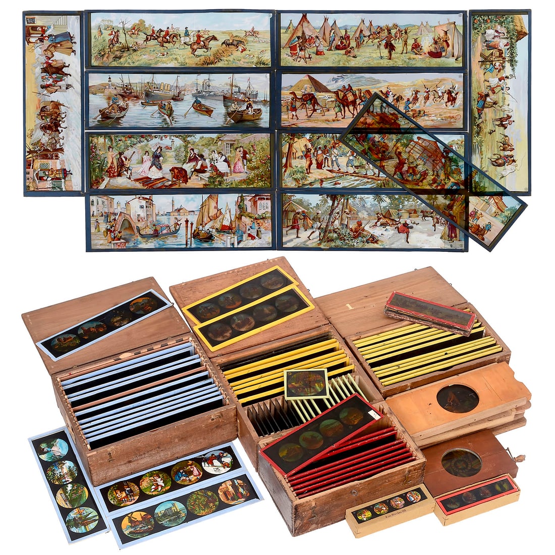 9 Boxes of Large-Format Magic Lantern Slides and Accessories, c. 1900 (1 of 5)
